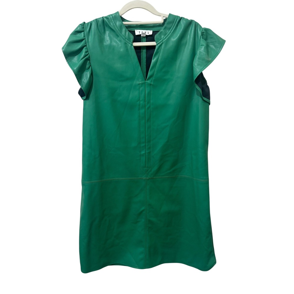 THML Green Faux Leather Ruffle Sleeve Mini Dres Split V-Neck Vegan Leather Small